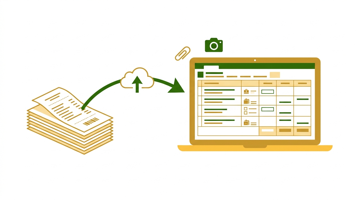 Paper receipts uploaded to the cloud and posted into a digital accounting ledger
